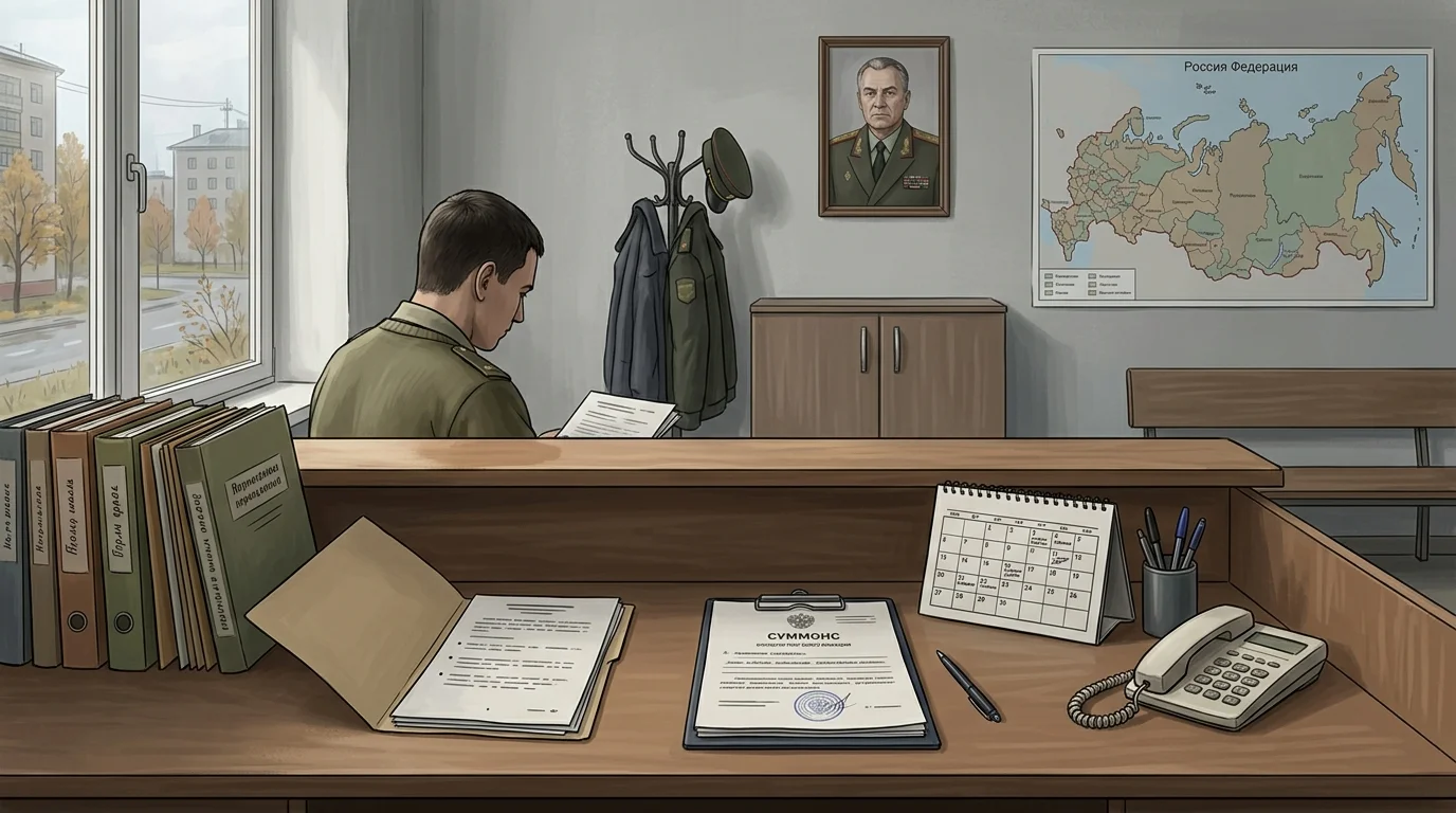 Нейтральная сцена в военкомате с документами, папкой, повесткой и календарем на столе